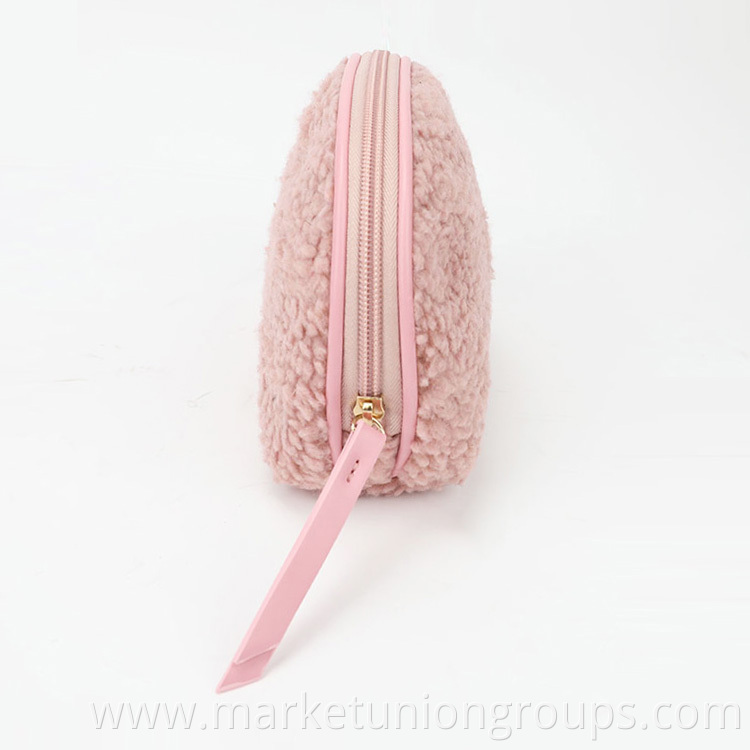 Sherpa Shell Shape Makeup Bag, Cute Pink Cosmetic Plush Storage Bag